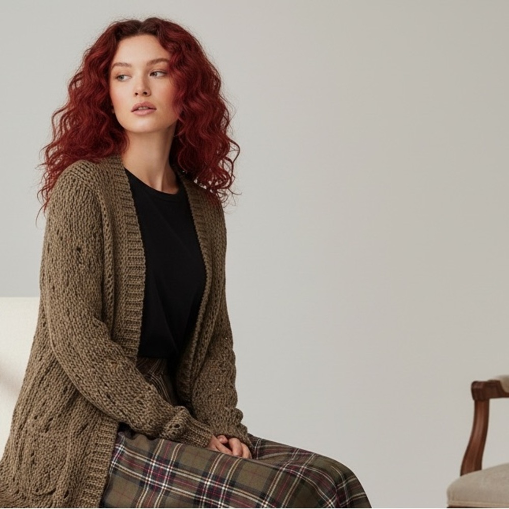 Bobeau Brown Metallic Loose Knit Open Front Long Line Cardigan Size M